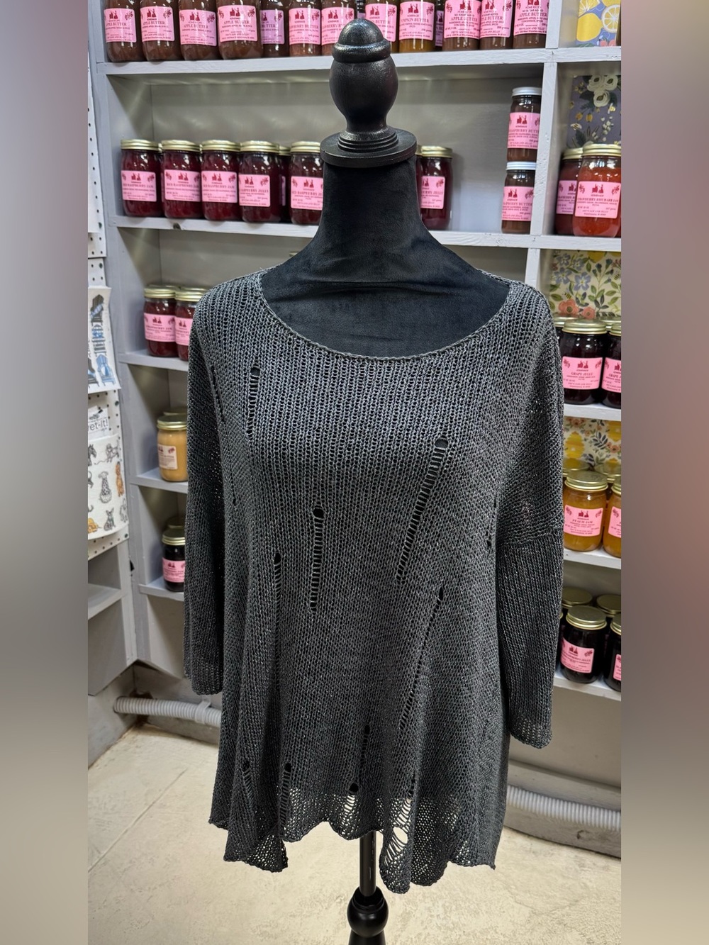Women’s Washed Gray Distressed Scoop-Neck Knit Sweater